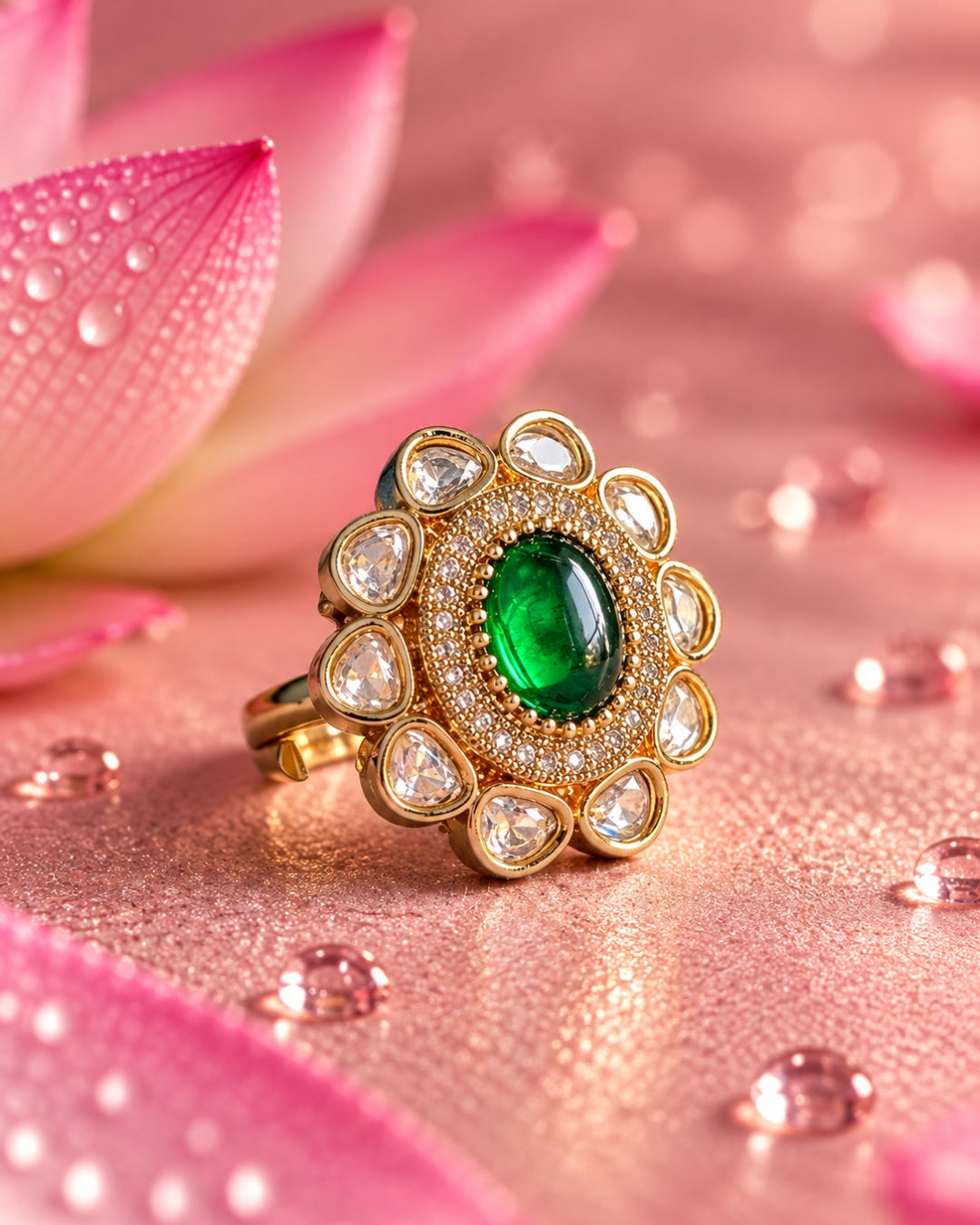Oval Kundan Gold-Plated Green Stone & AD Ring