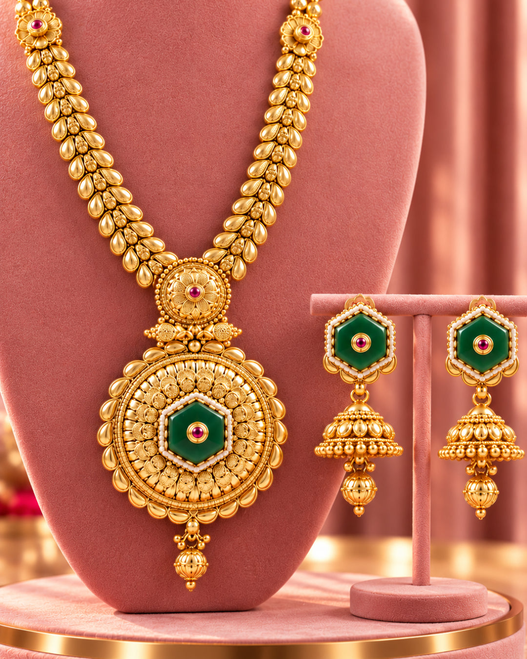 Traditional 22K Micron Gold Plated Long Heritage Jadau Necklace Set