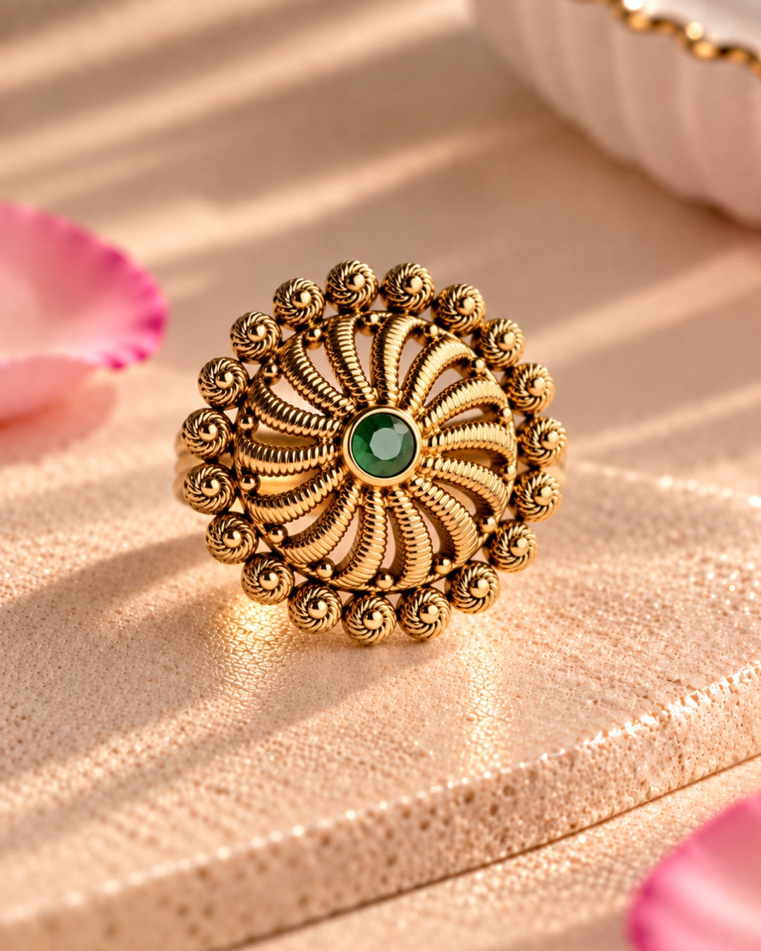 Gold Plated Emerald Studded Adjustable Ring