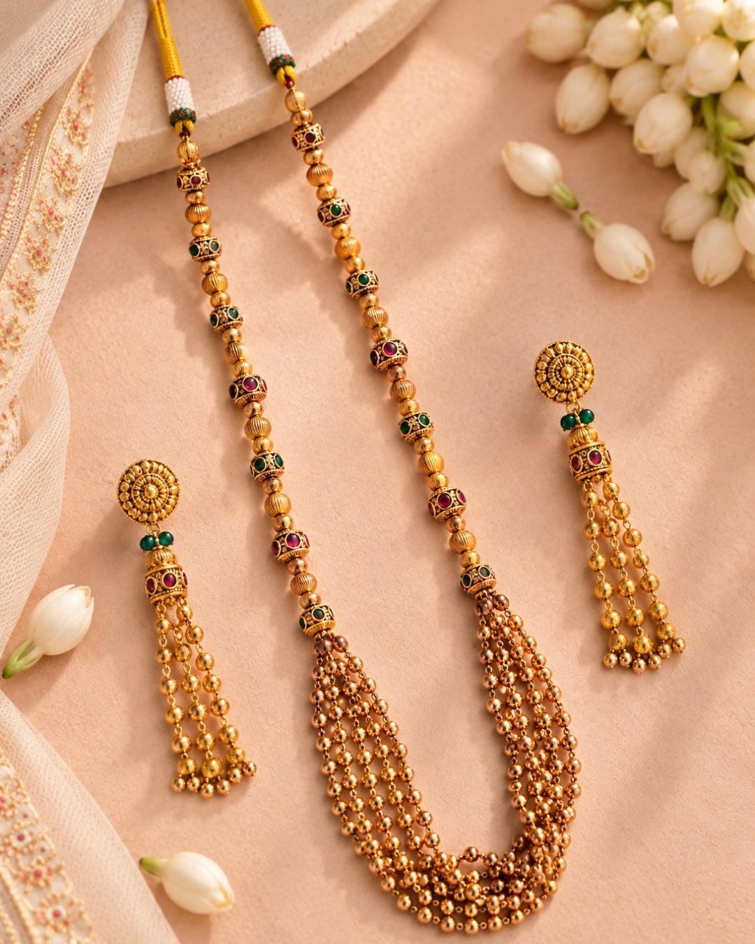 Long Multilayer Beaded Multistone Necklace & Dangler Earrings
