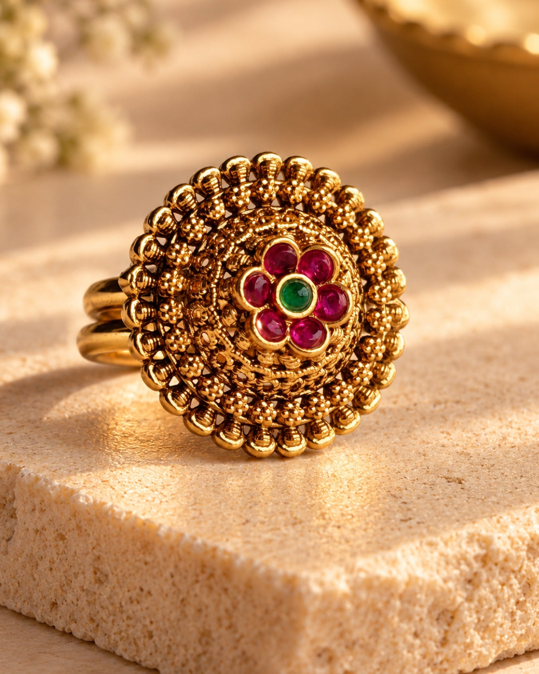 Antique Gold Plated Intricate Ruby Floral Ring