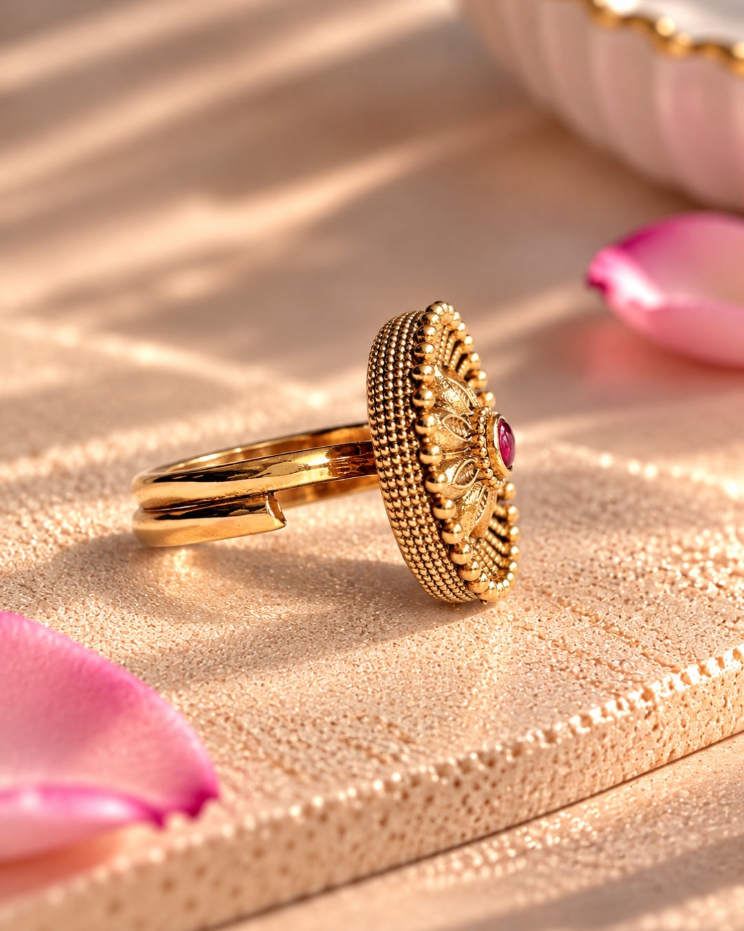 Floral-Designed Gold-Plated Round Ruby Studded Ring