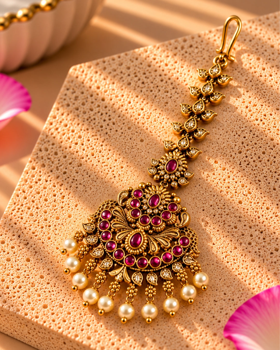 Red Stone Studded & Off-White Beaded Maang Tikka
