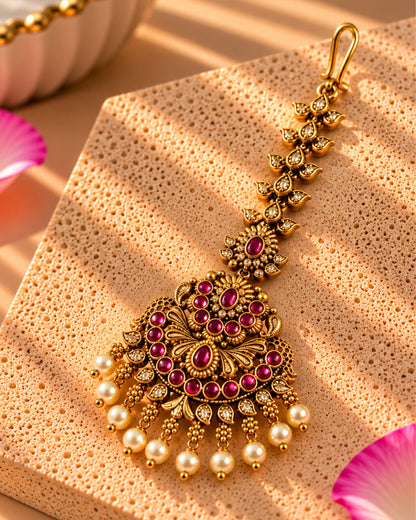 Red Stone Studded & Off-White Beaded Maang Tikka