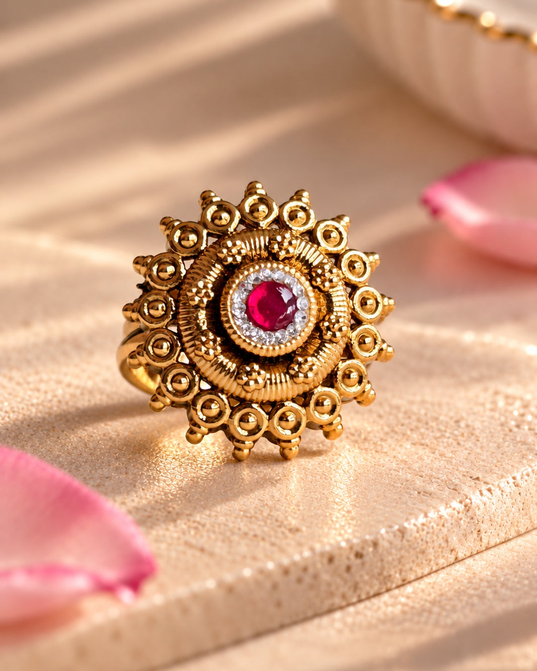 Antique Gold Plated Ruby & AD Studded Floral Ring