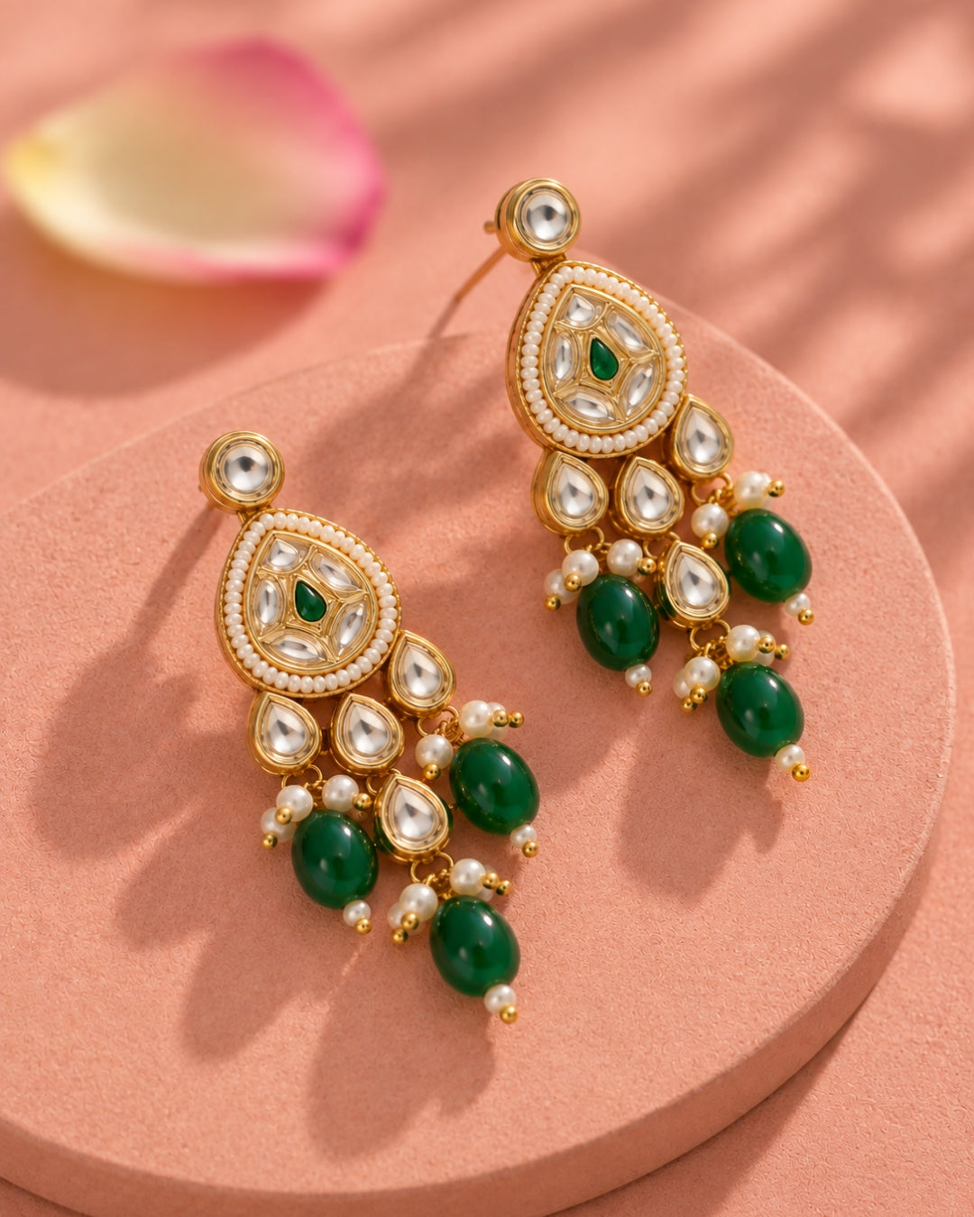 Gold Plated Kundan Teardrop Earrings with Green Beads