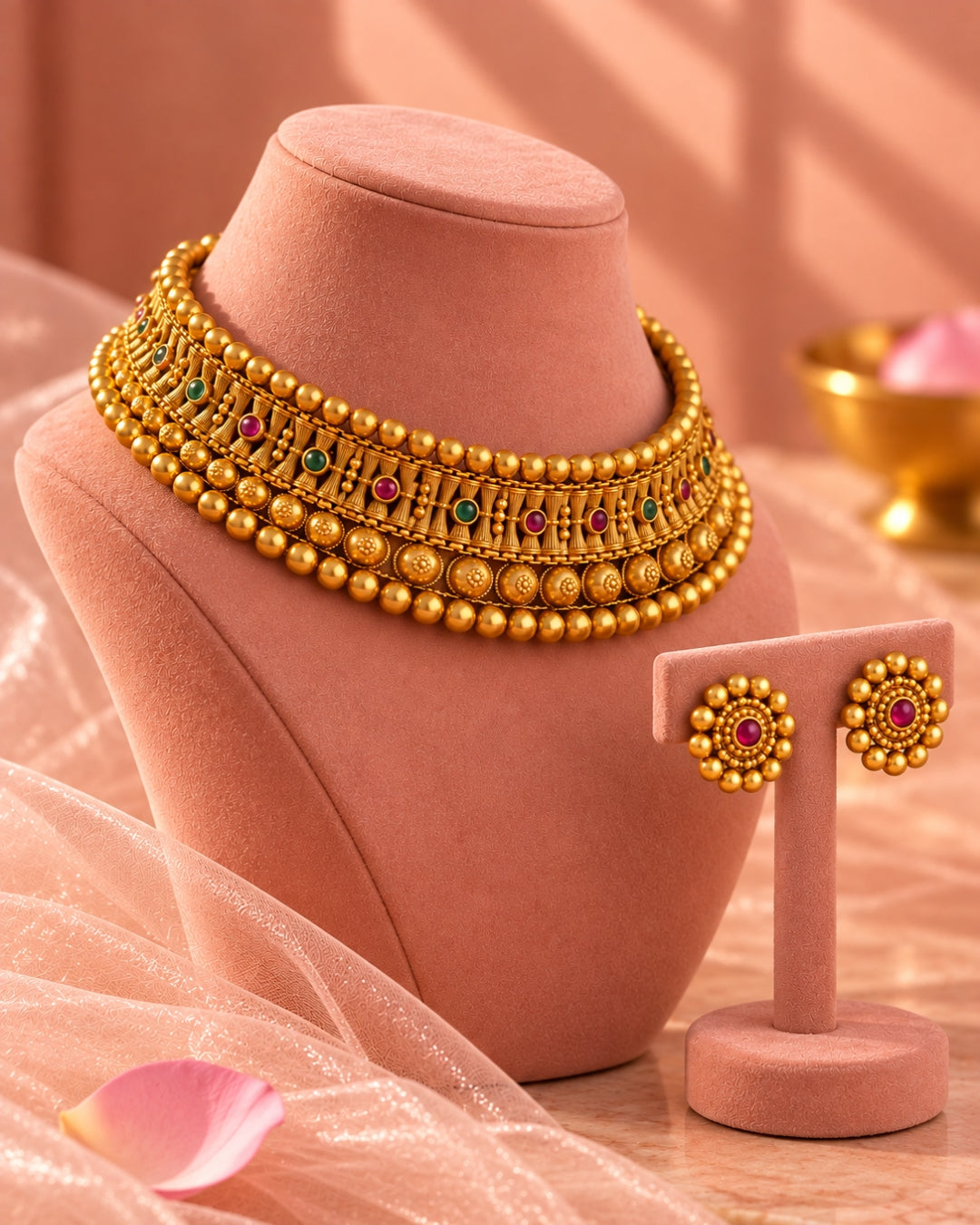 Traditional Gold-Plated Choker Necklace & Earrings Set