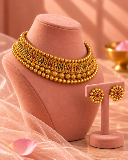 Traditional Gold-Plated Choker Necklace & Earrings Set
