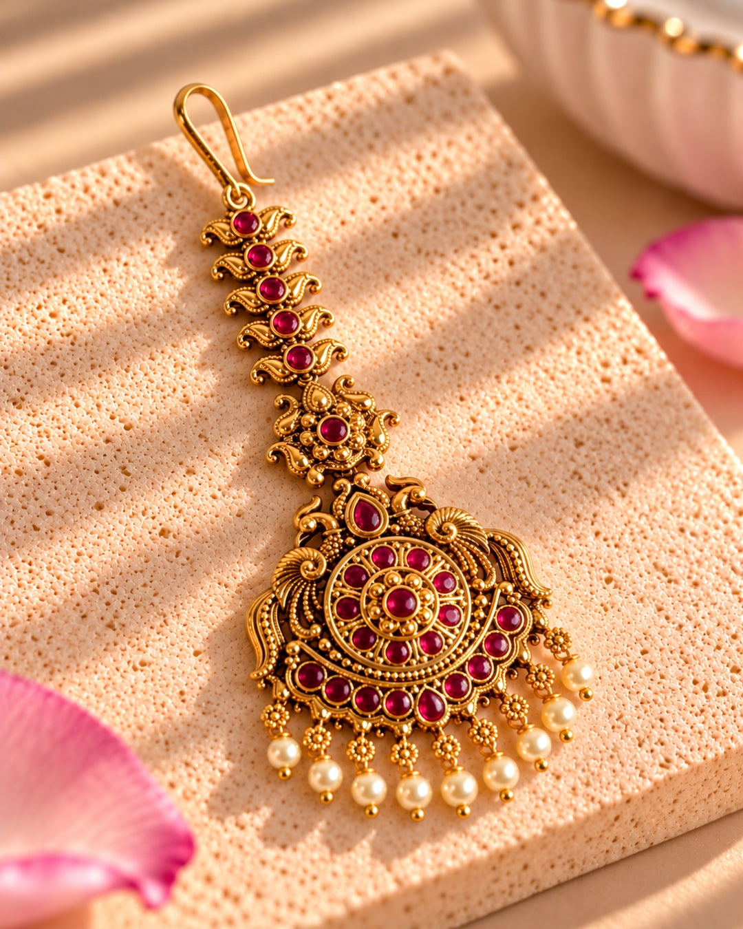 Handcrafted White Beads & Red Stones Maang Tikka