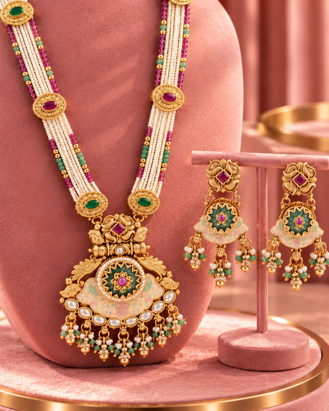 Traditional 22k Micron Gold Plated Long Heritage Jadau Necklace Set with Pearl Detailing