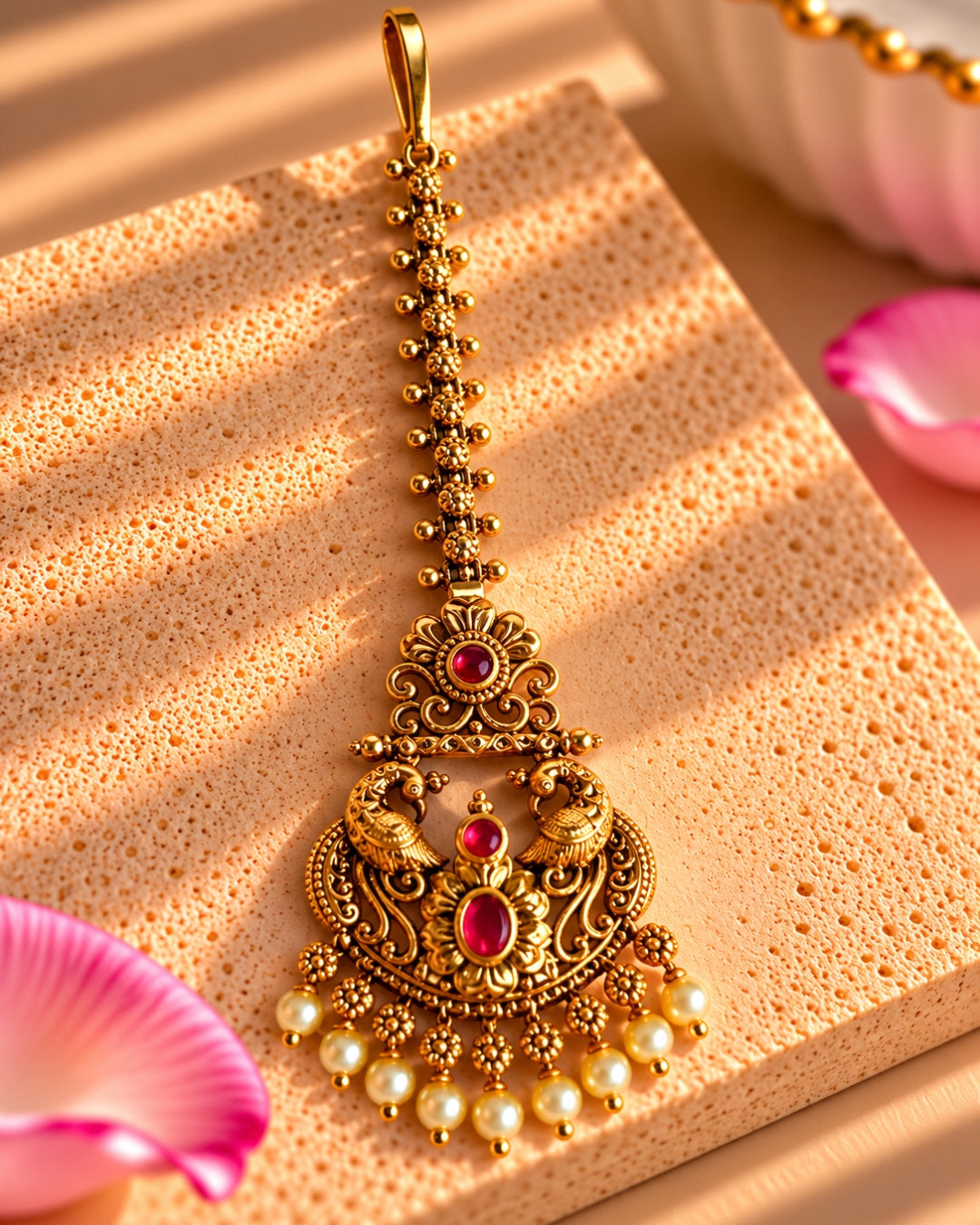 Antique Gold Plated Peacock Red Stone Maang Tikka