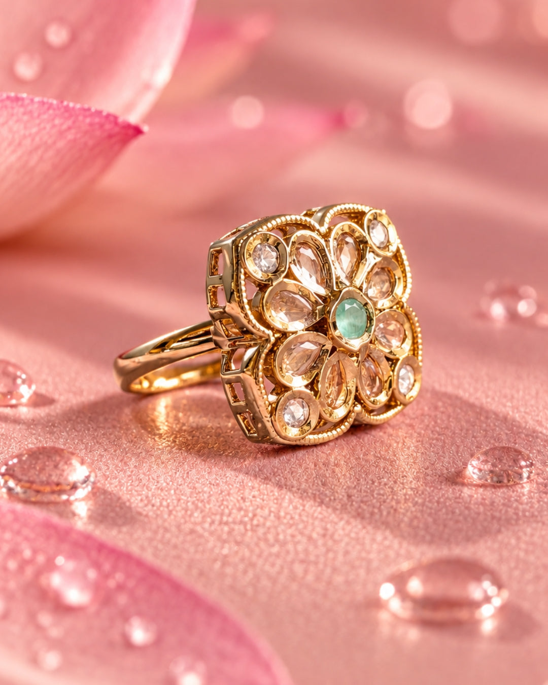 Gold-Plated Clover-Shaped Mint Stone Ring