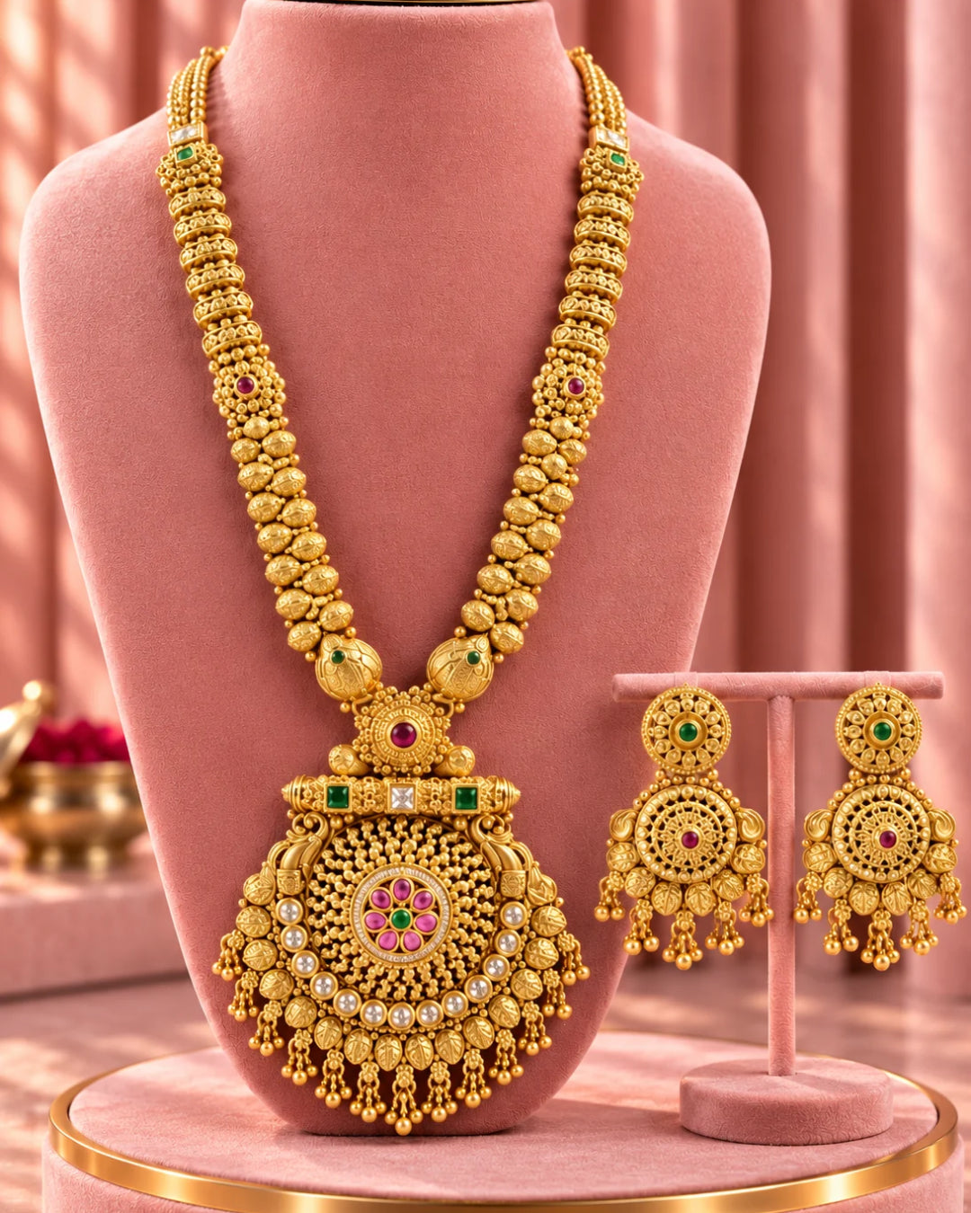 Traditional 22K Micron Gold Plated Long Heritage Necklace Set with Heavy Circular Pendant