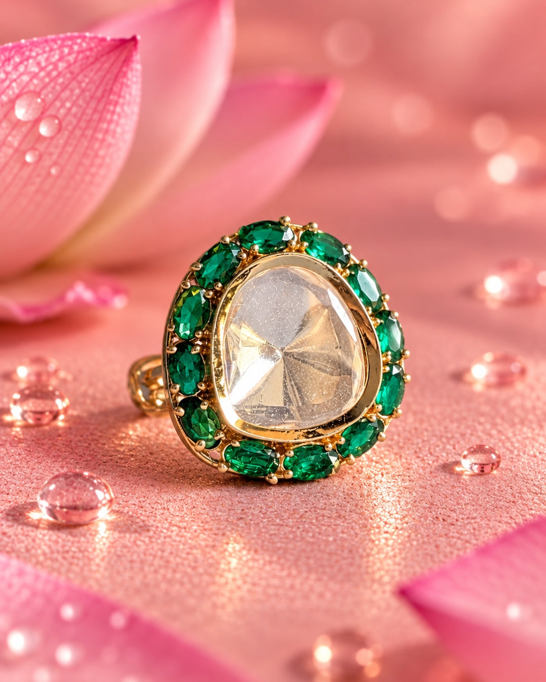Kundan & Emerald Studded Gold-Plated Adjustable Ring