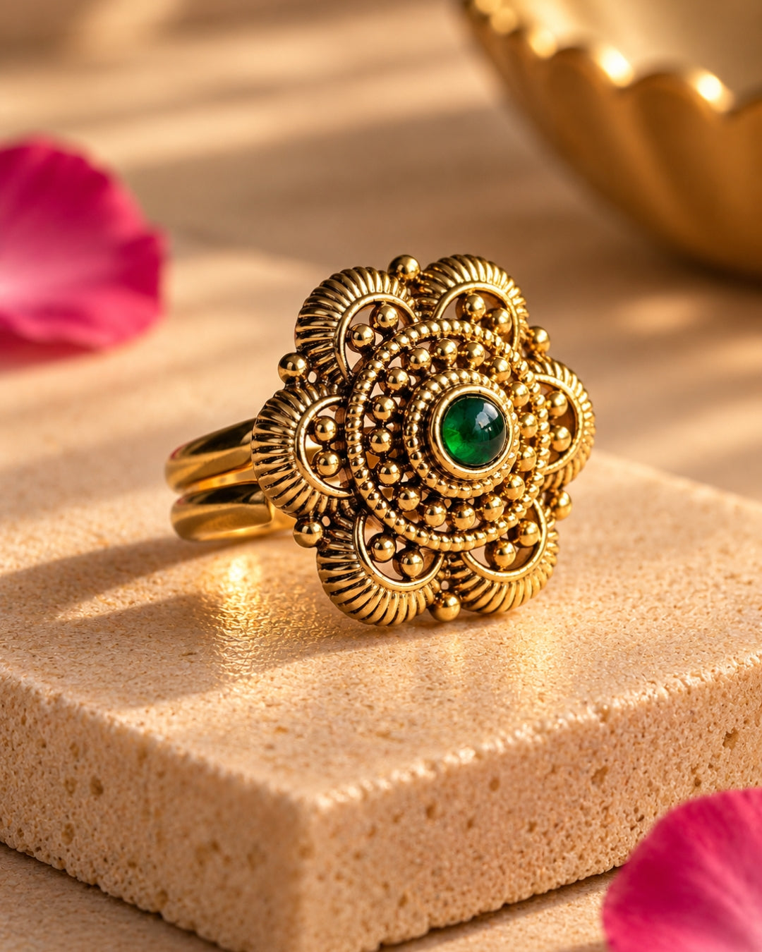 Antique Gold Plated Emerald Floral Carved Adjustable Ring