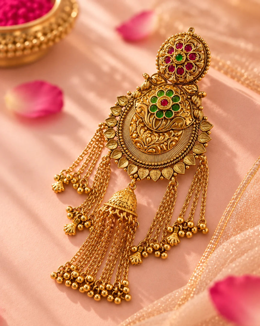 22K Micron Gold-Plated Rajwadi Jadau Stone & Beaded Hair Accessory with Jhumka Drop