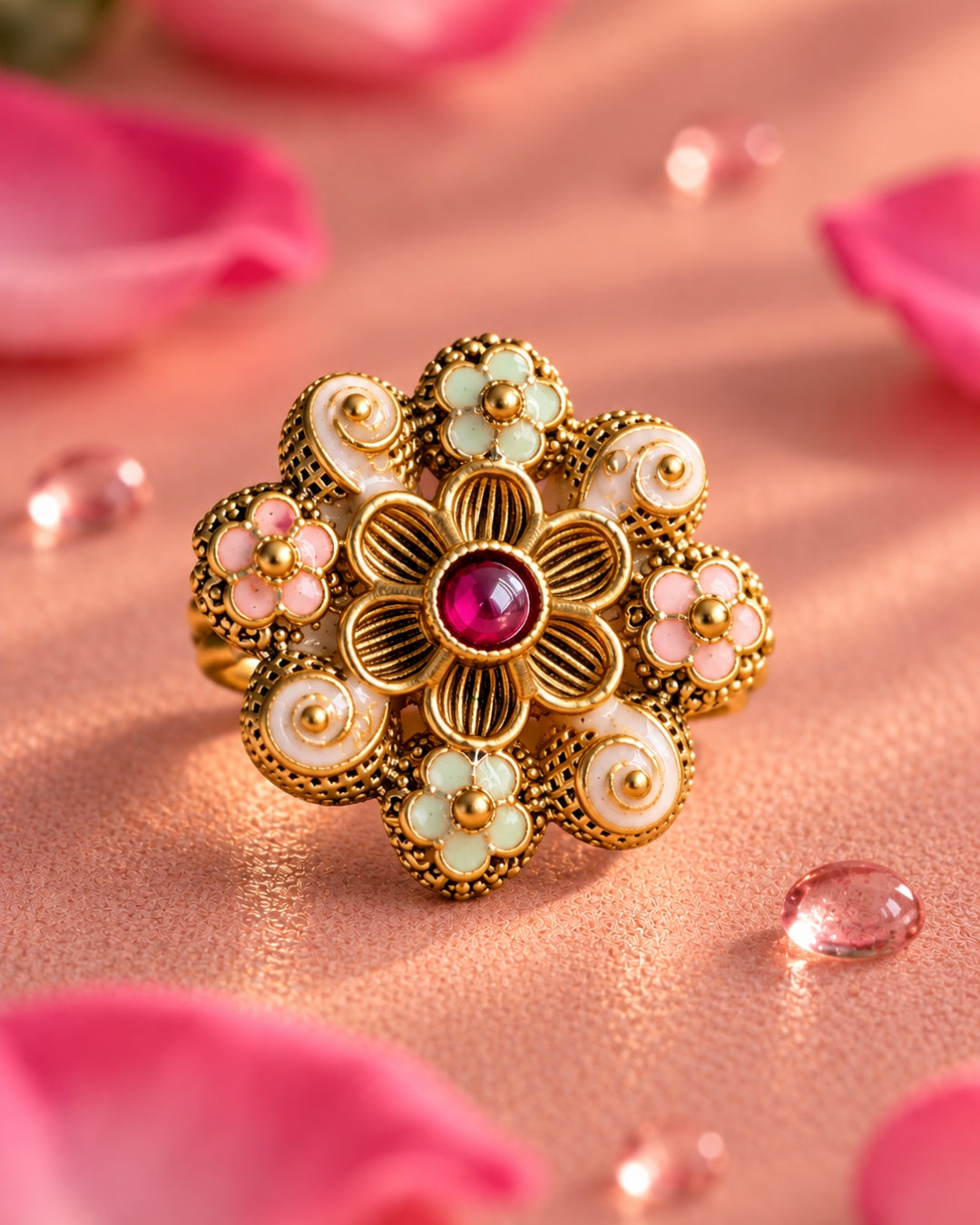 Gold Plated Floral Meenakari Adjustable Ring