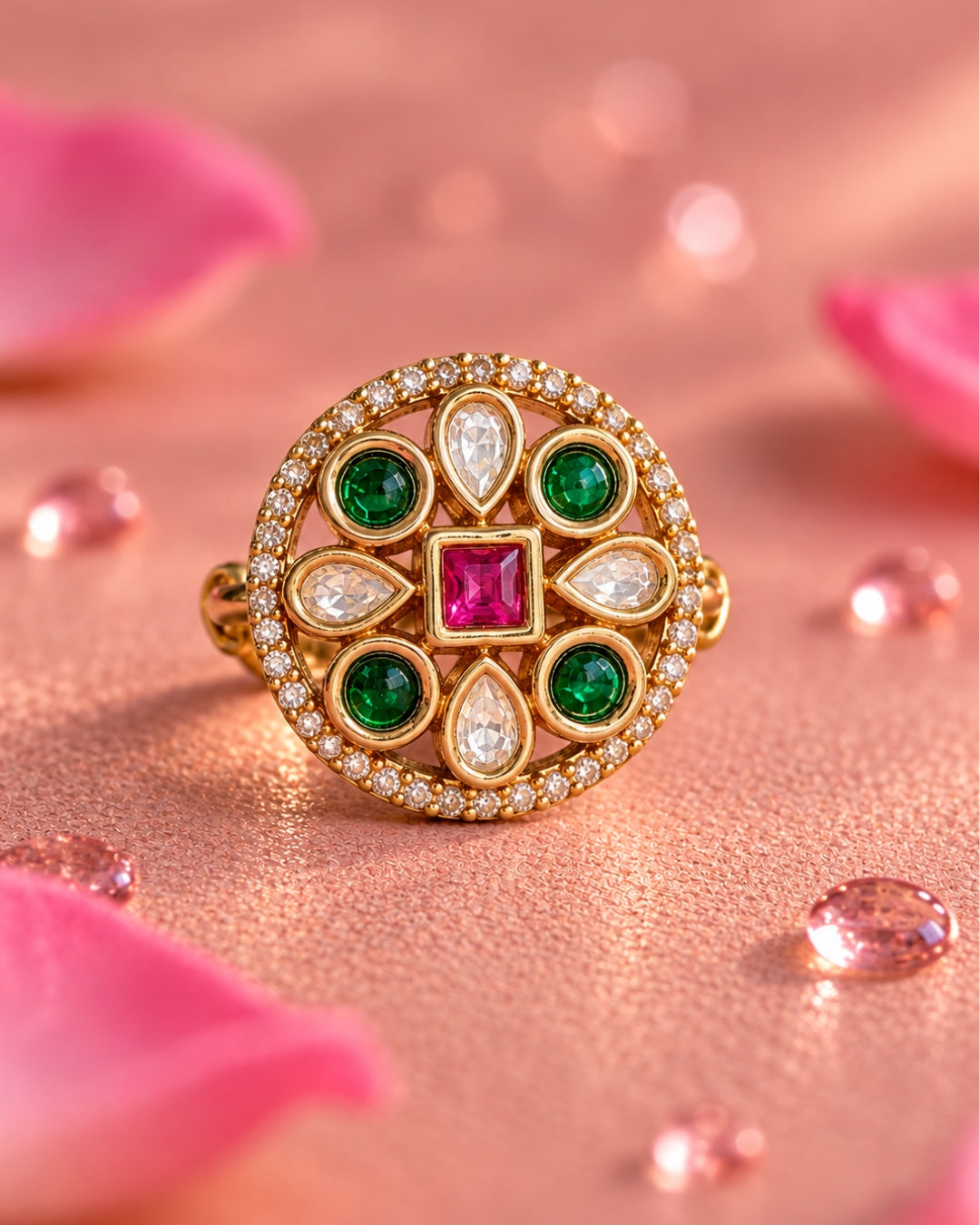 Round AD Multicolour Stone Gold-Plated Ring