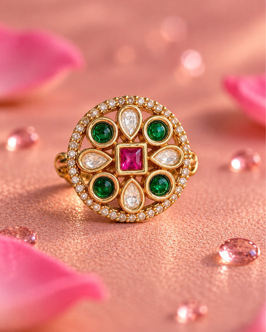 Round AD Multicolour Stone Gold-Plated Ring