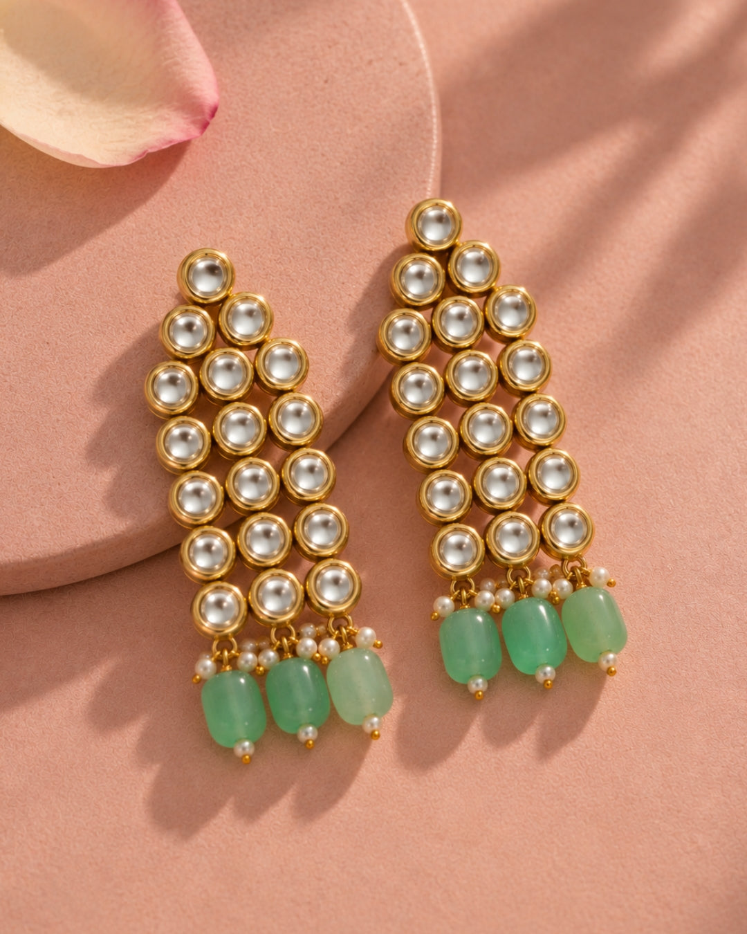 Geometric Kundan Studded Mint Green Beaded Earrings