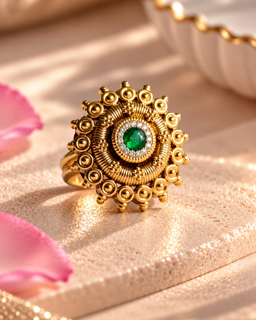 Gold Plated Emerald & AD Studded Floral Ring