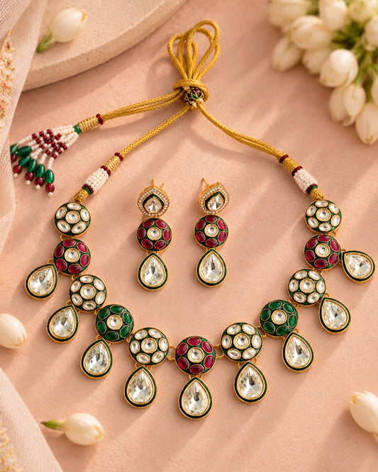 Gold Plated Kundan, Red & Green stone Gold Plated Necklace Set