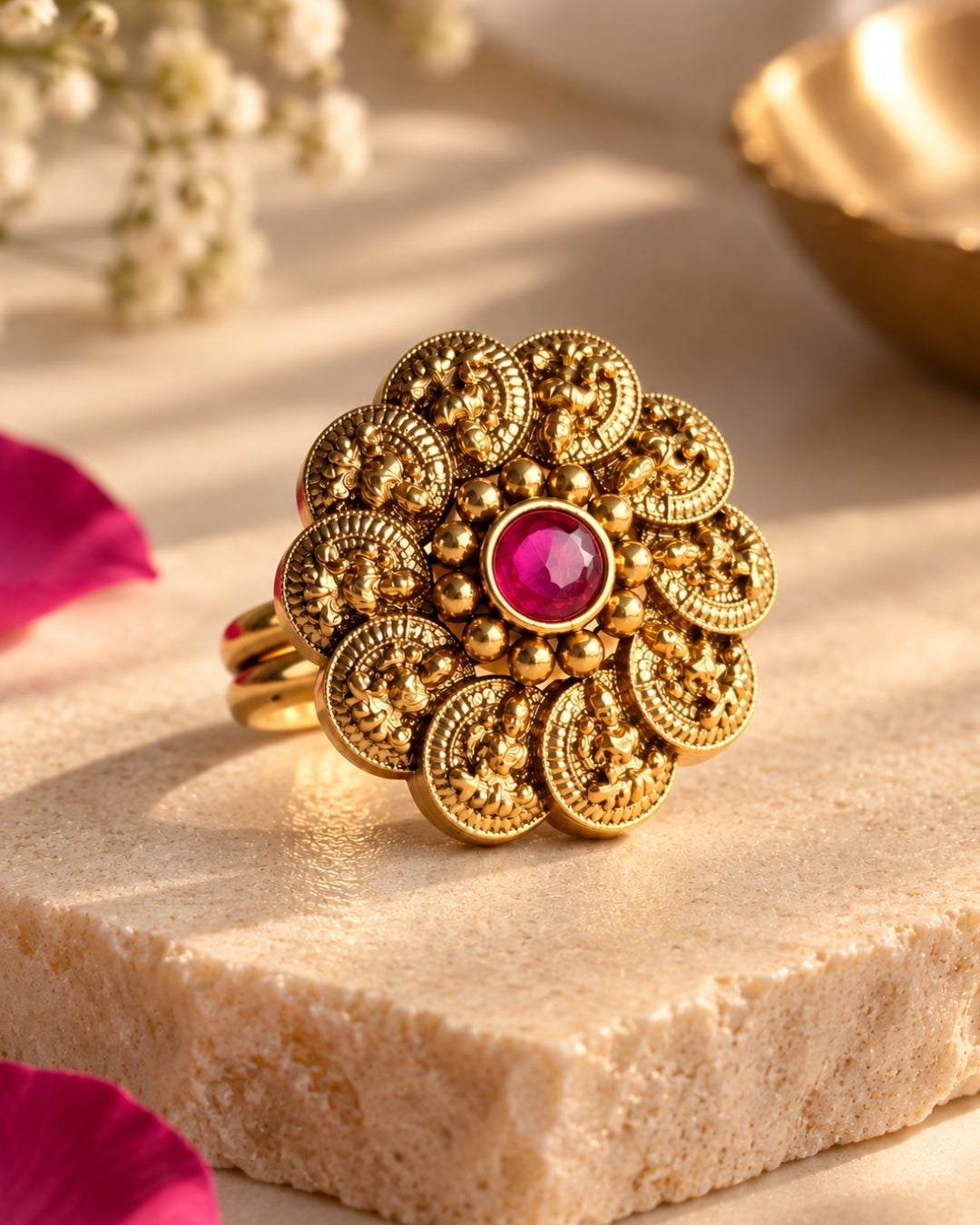 Temple Gold Plated Ruby Laxmi Coin Adjustable Ring