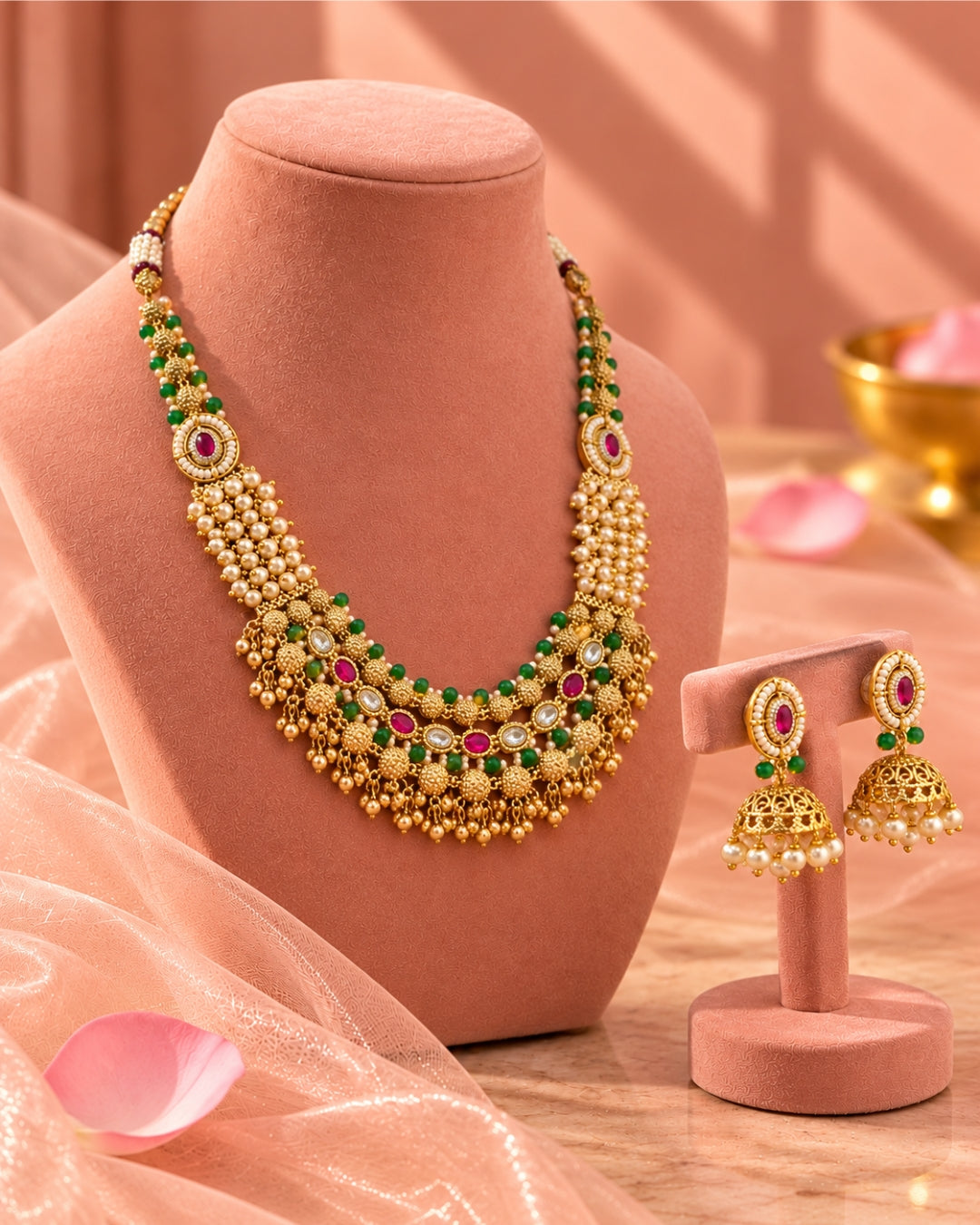 Jadau Traditional Necklace Set with Emerald Pearl and Ruby Detailing