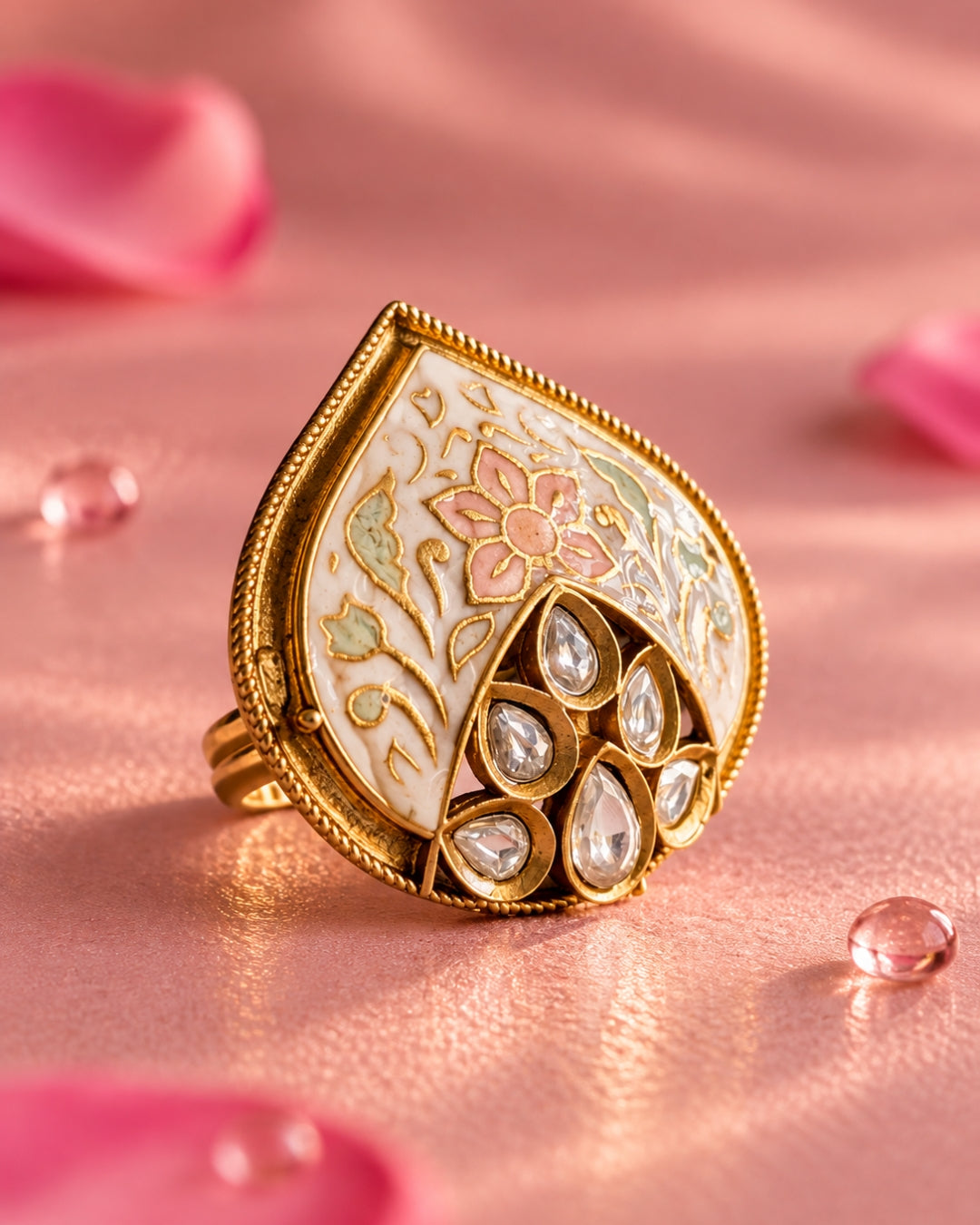 Gold Plated Teardrop Meenakari Adjustable Ring