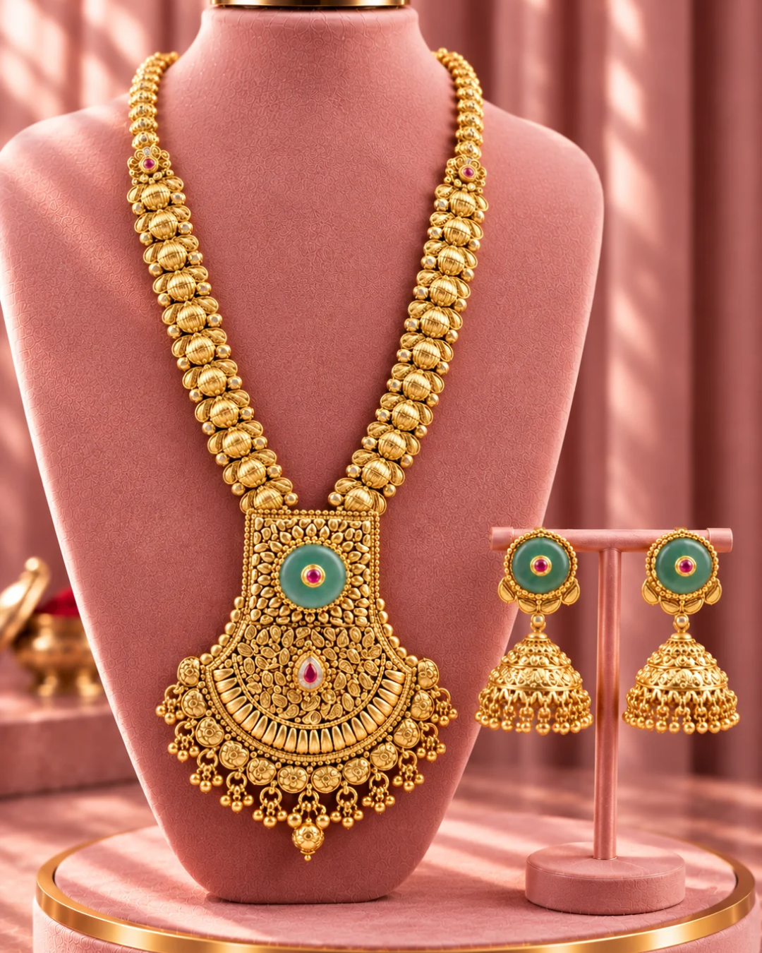Traditional 22K Micron Gold Plated Long Heritage Necklace Set with Bold Mint Stone Pendant