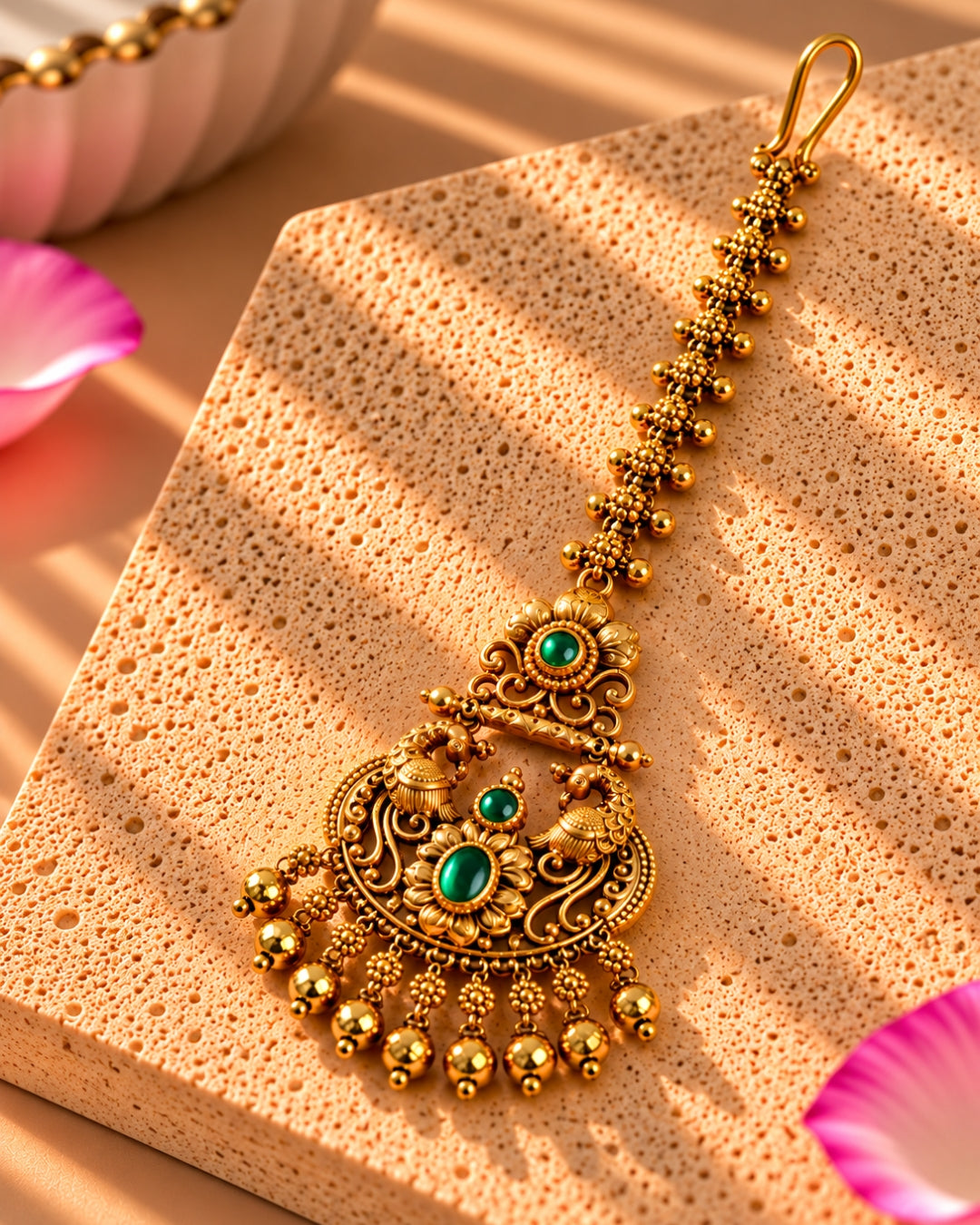 Antique Gold Plated Peacock Green Stone Maang Tikka