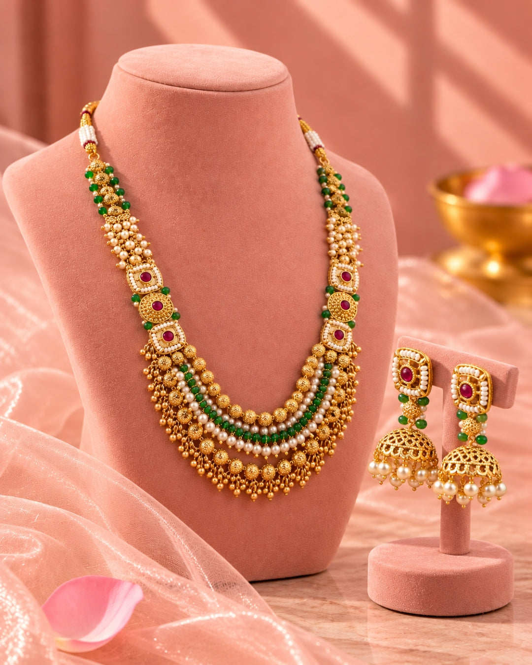 Jadau Gold Plated Emerald Ruby Pearl Detailing Traditional Necklace Set
