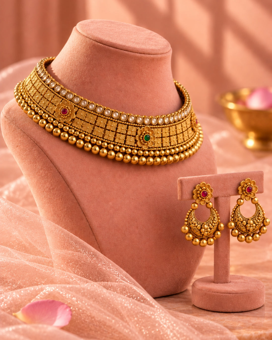 Floral Gold-Plated Choker Necklace set with Artificial Stones