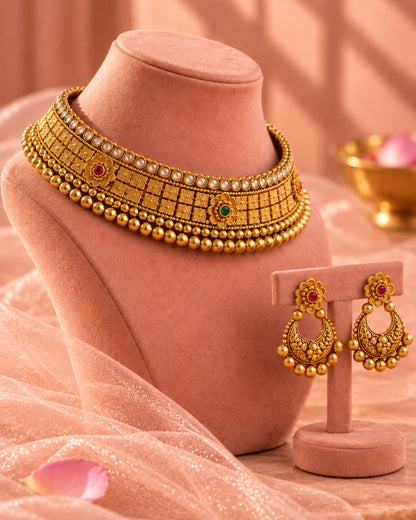 Floral Gold-Plated Choker Necklace set with Artificial Stones