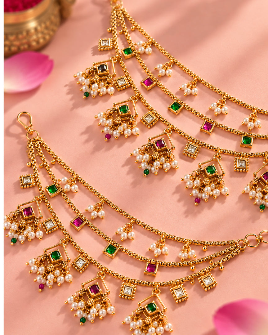 Traditional Brass 22K Micron Gold Plated Jadau Multilayer Earchain with Pearl Detailing
