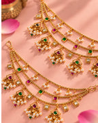 Traditional Brass 22K Micron Gold Plated Jadau Multilayer Earchain with Pearl Detailing