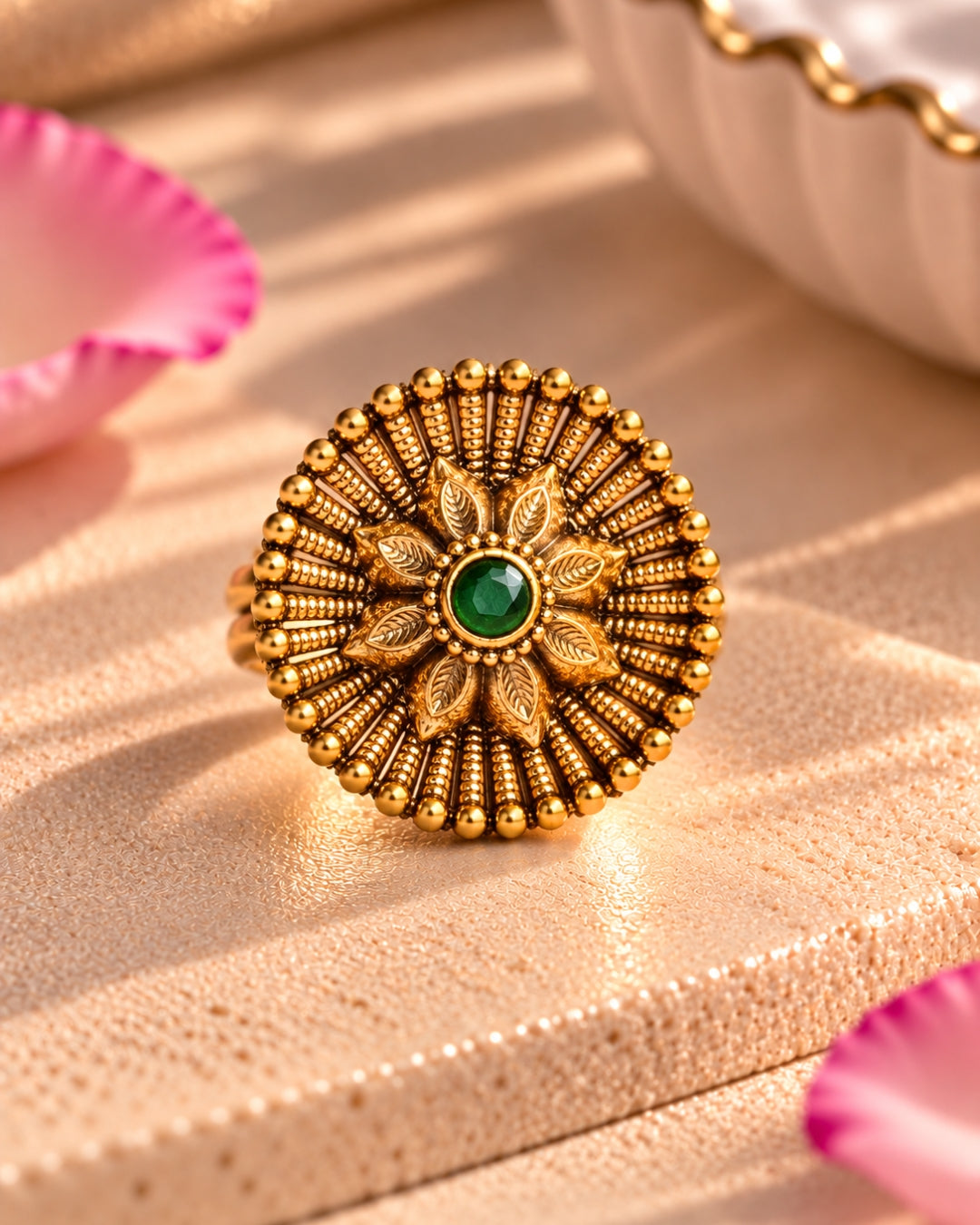 Floral Designed gold plated Round Emerald studded ring