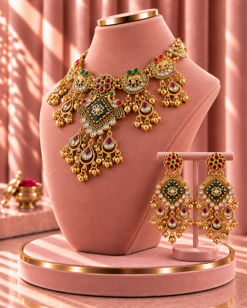 Traditional 22K Micron Gold Plated Broad Rajwadi Necklace with Bold Large Earrings