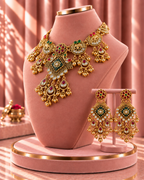 Traditional 22K Micron Gold Plated Broad Rajwadi Necklace with Bold Large Earrings