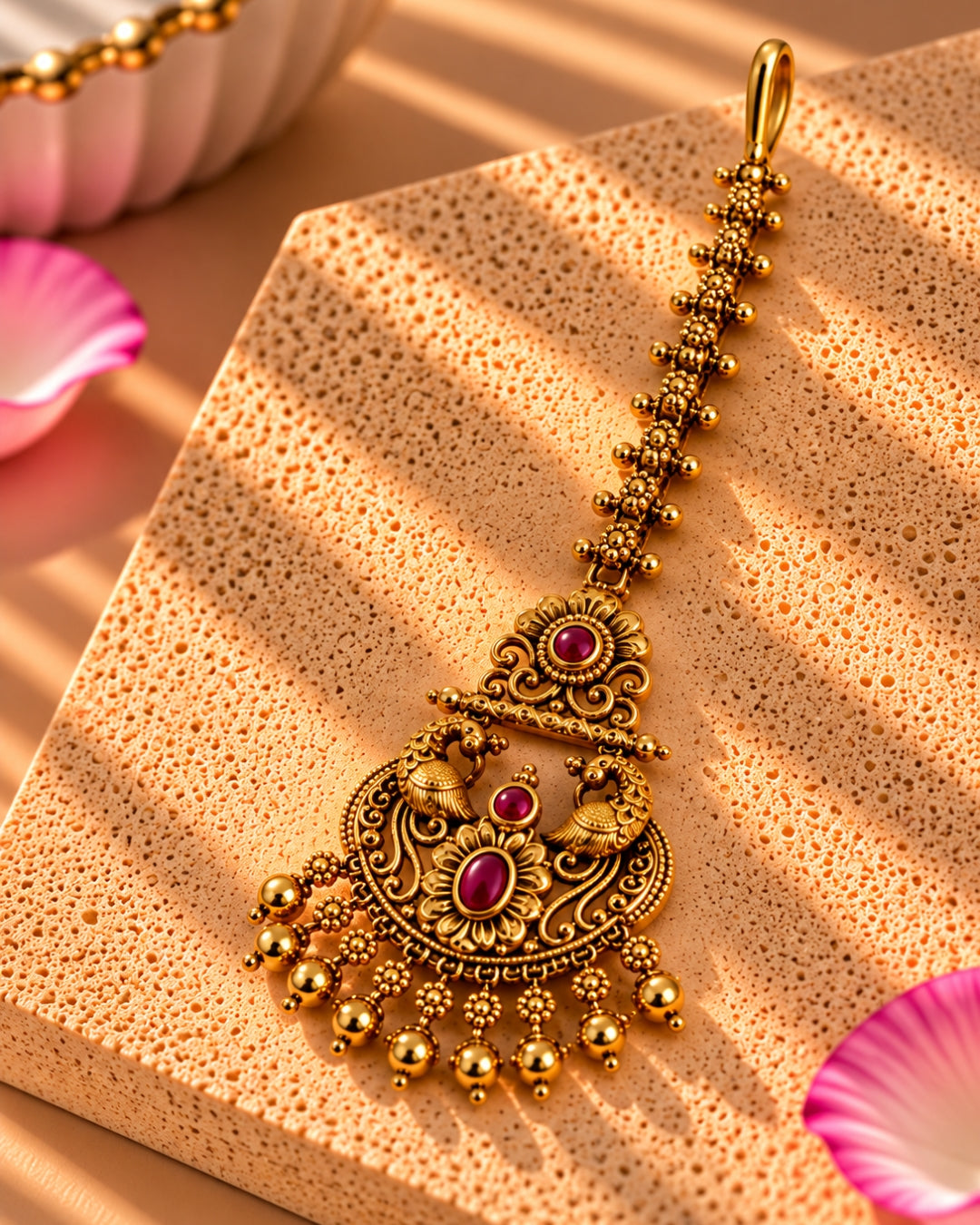 Peacock Design Golden Beaded Stone Maang Tikka
