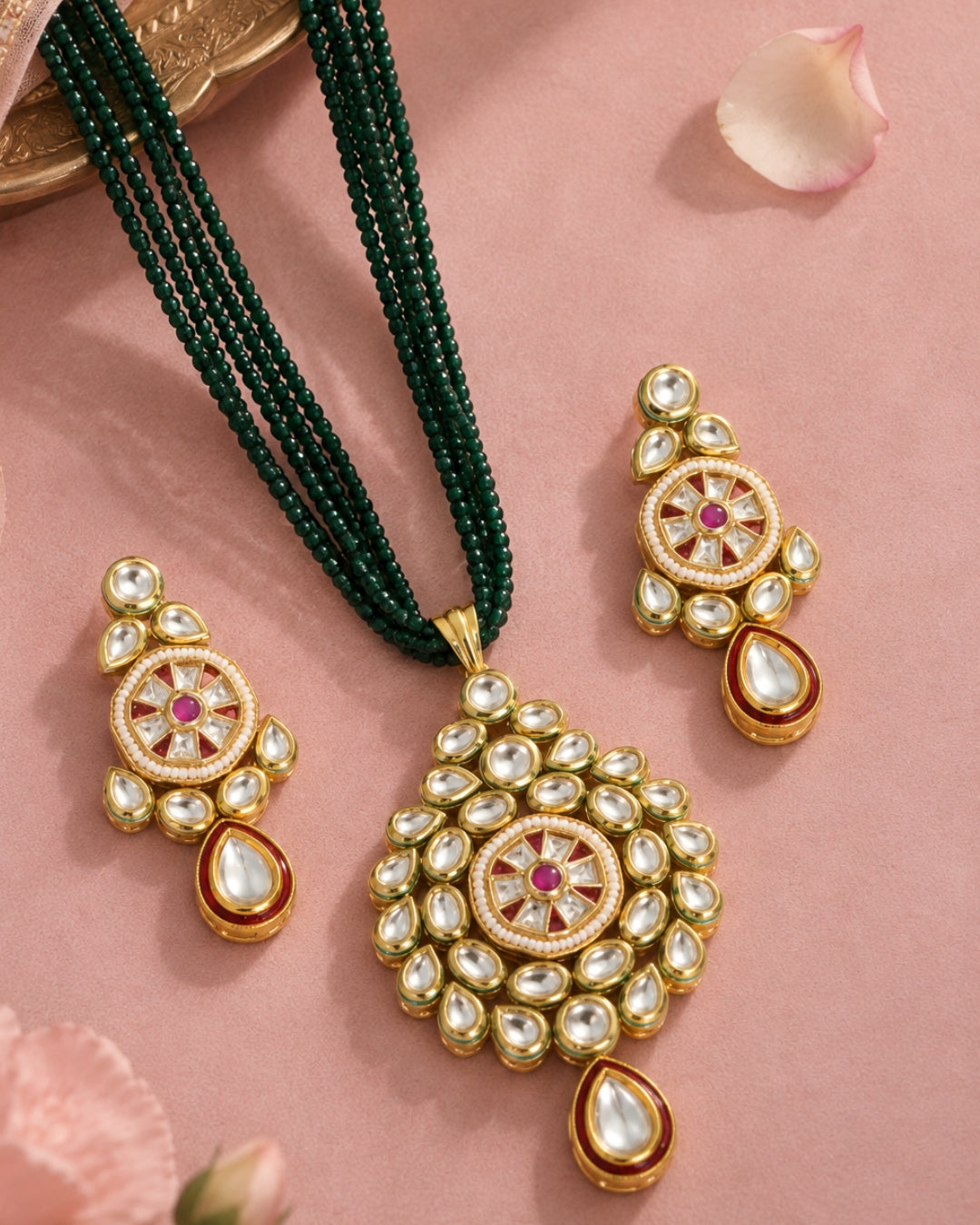Gold-Plated Teardrop Kundan Multilayer Green Beaded Necklace Set