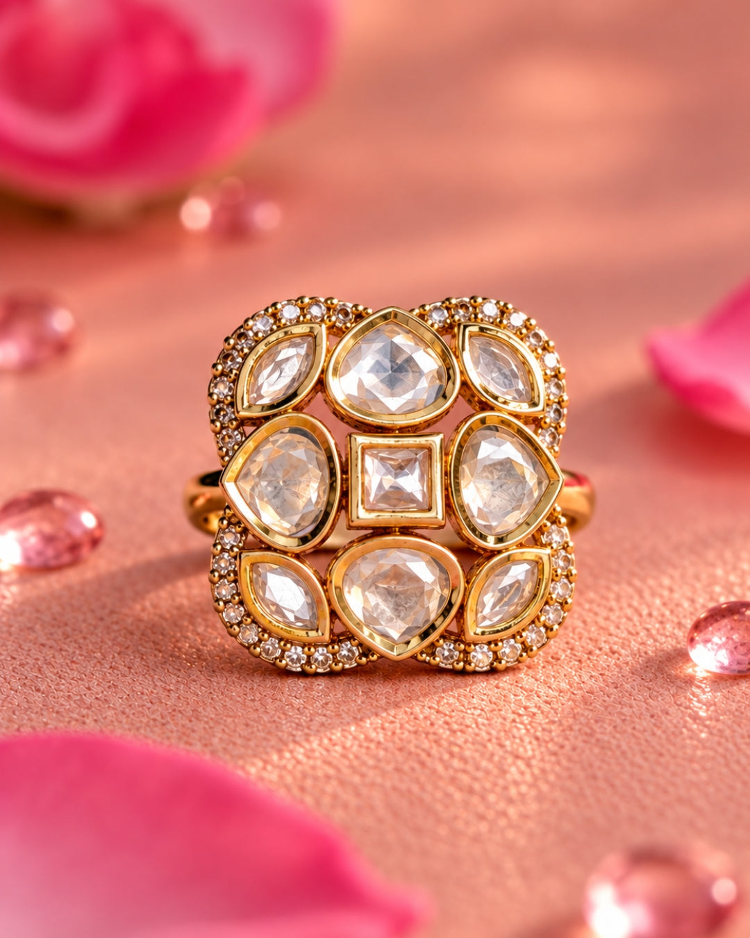 Gold-Plated Square Kundan Studded Ring