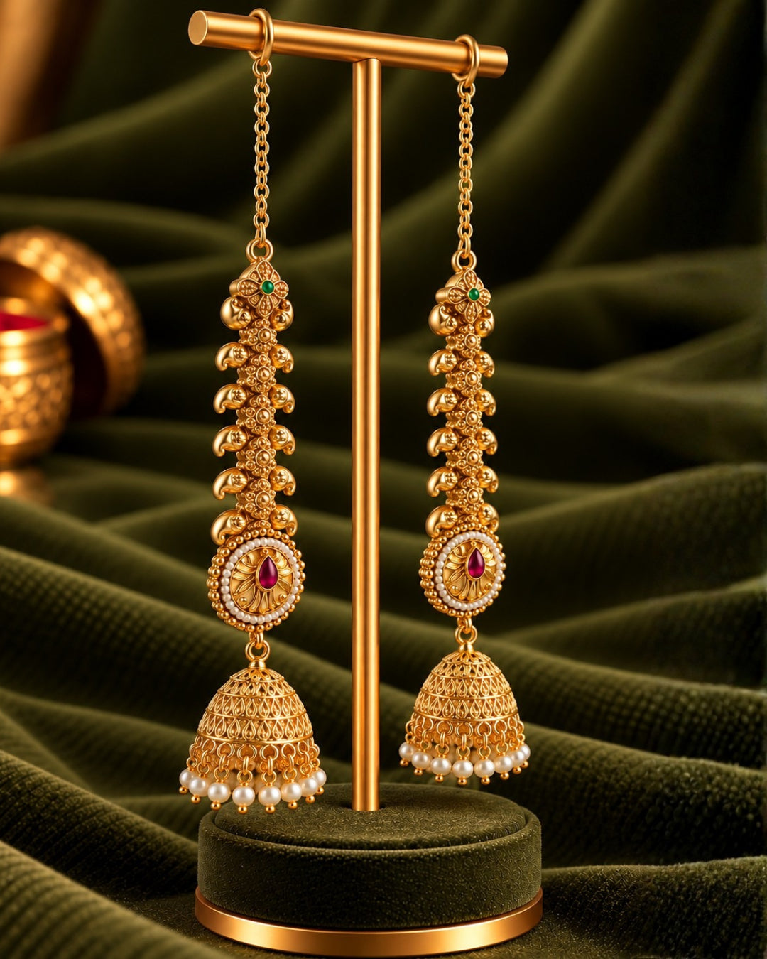 22K Micron Gold Plated Jadau Traditional Jhumka with Earchain