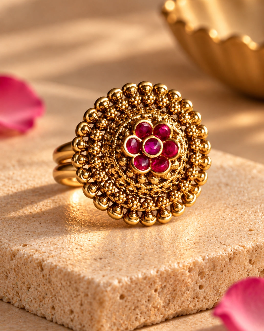 Antique Gold Plated Intricate Floral Ring