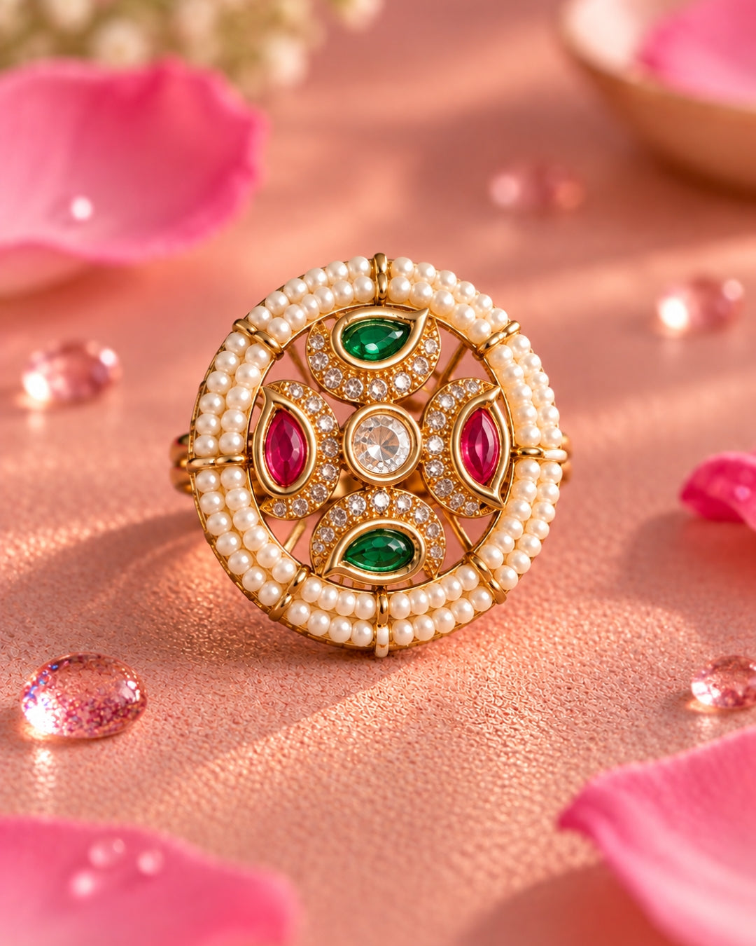 Round Pearl American Diamond Multicolour Ring