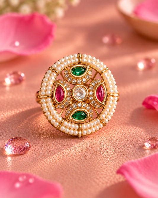 Round Pearl American Diamond Multicolour Ring