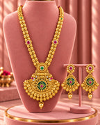 Traditional 22K Micron Gold Plated Long Heritage Necklace Set with Round Pendant