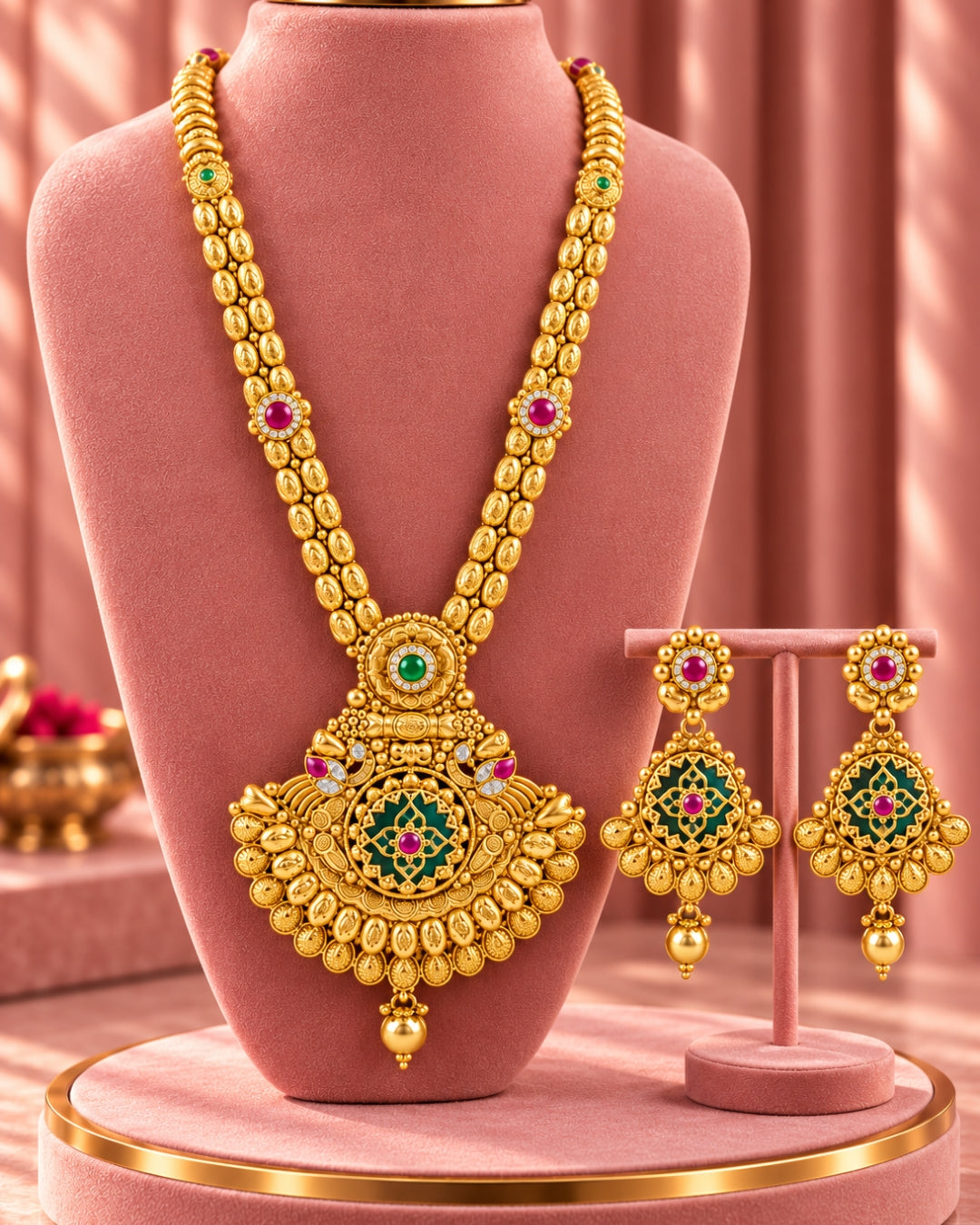 Traditional 22K Micron Gold Plated Long Heritage Necklace Set with Round Pendant