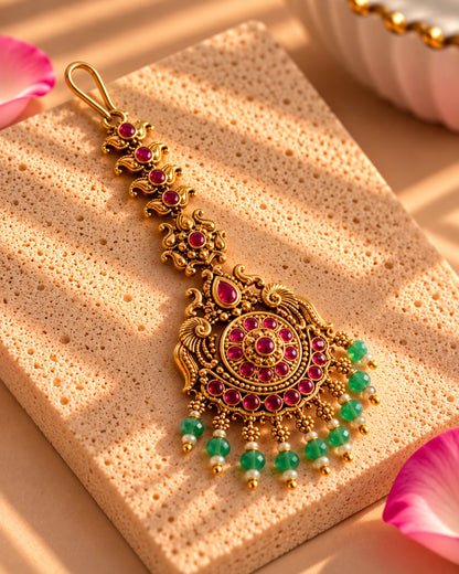 Traditional Gold-Plated Green Beaded & Red Stone Maang Tikka