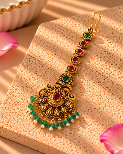 Handcrafted Gold Plated Multicolor Beads and Stones Maang Tikka